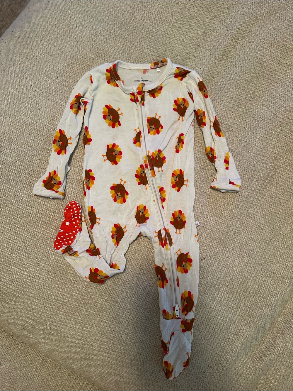 Littlepajama co Cream Turkey Print Zipper Footed One-Piece for Kids